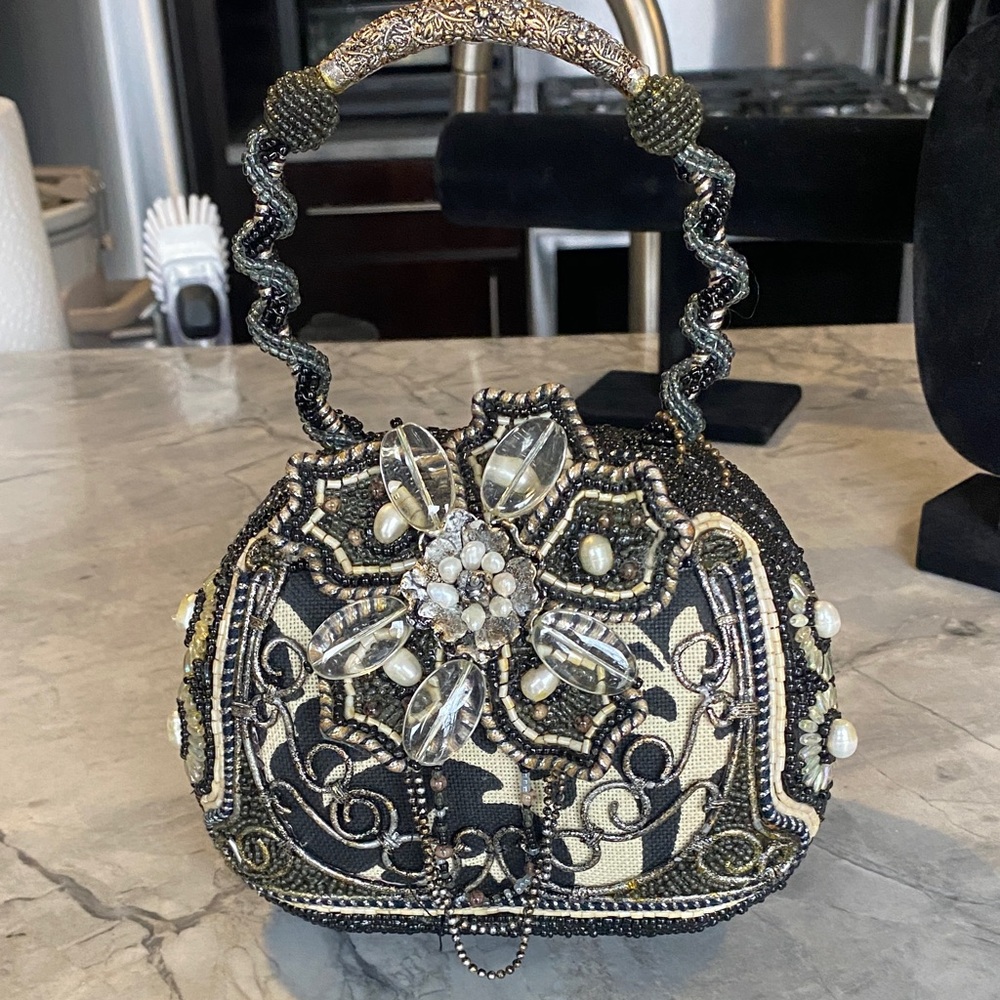 Mary Frances Elegant Black and Gold Beaded Wristlet